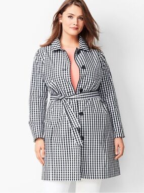 Talbots Black & White Gingham Belted Trench Coat Size 14W
